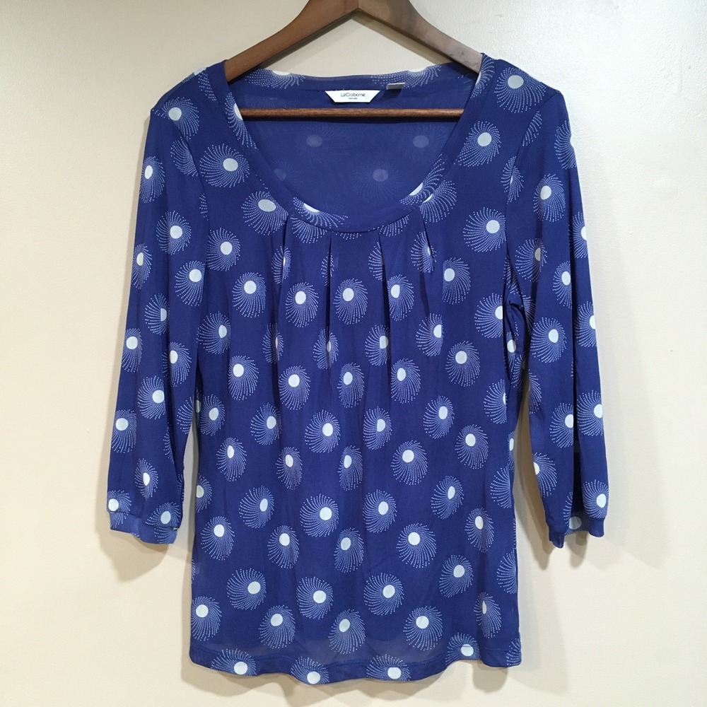Liz Claiborne Mesh Scoop Neck Top Women L Blue Celestial Starry Polka Dot Office